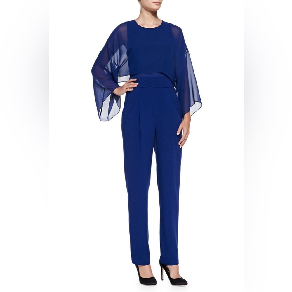 BCBGMAXAZRIA Zoee Sheer-Overlay Crepe Jumpsuit, Royal Blue, Size 0